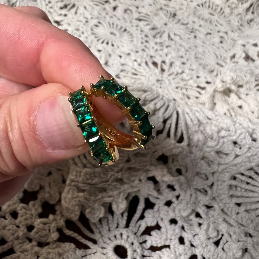 RARE Kurt Geiger Gold Huggie Hoops with Emerald Green Stones